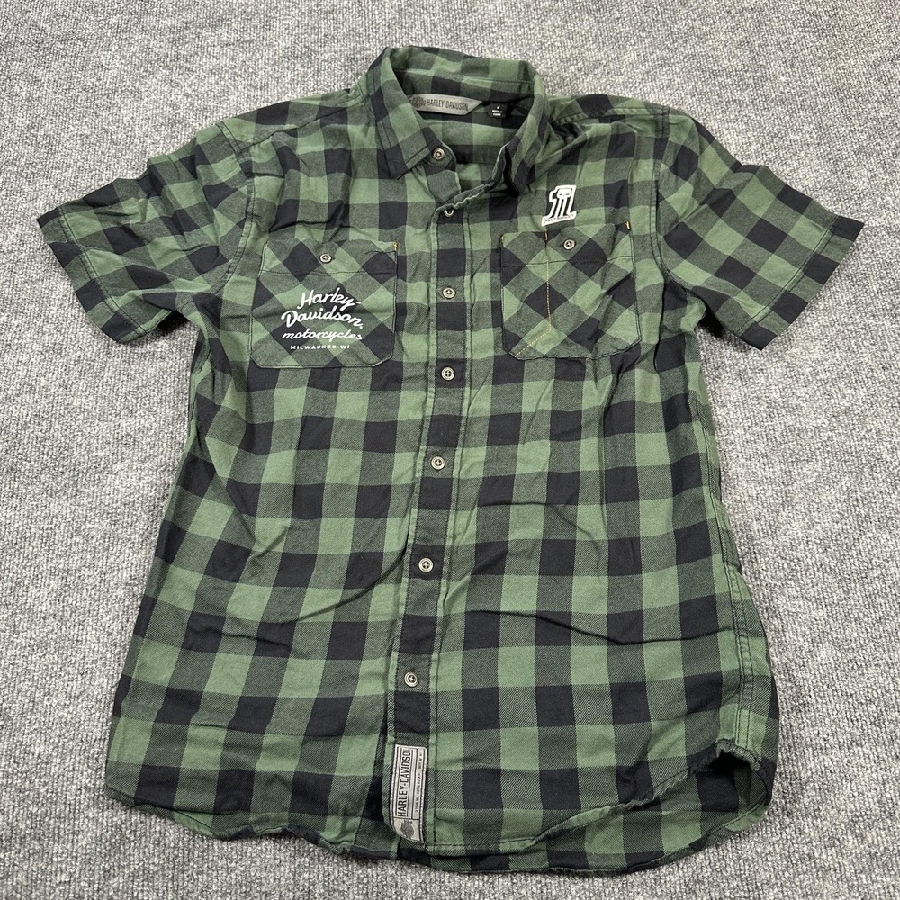 Harley-Davidson Shirt Mens Medium Green Plaid Short Sleeve Button Up Motorcycle